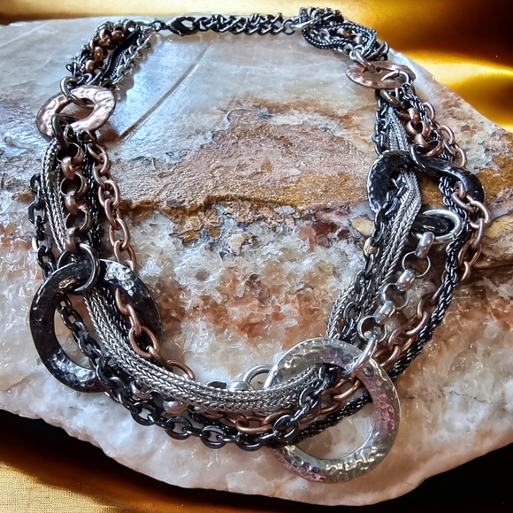 VCLM Multi Chain Tri-Coloured Chunky Hammered Circle Necklace Boho Statement - Picture 2 of 5